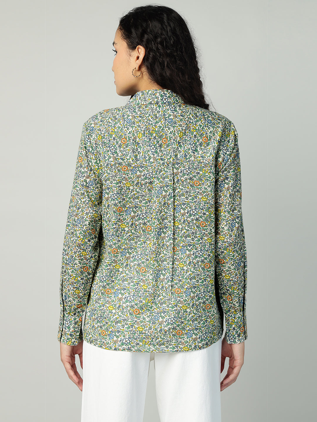 Porsorte Womens Cotton Green Printed Button Down Shirt