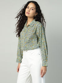 Porsorte Womens Cotton Green Printed Button Down Shirt