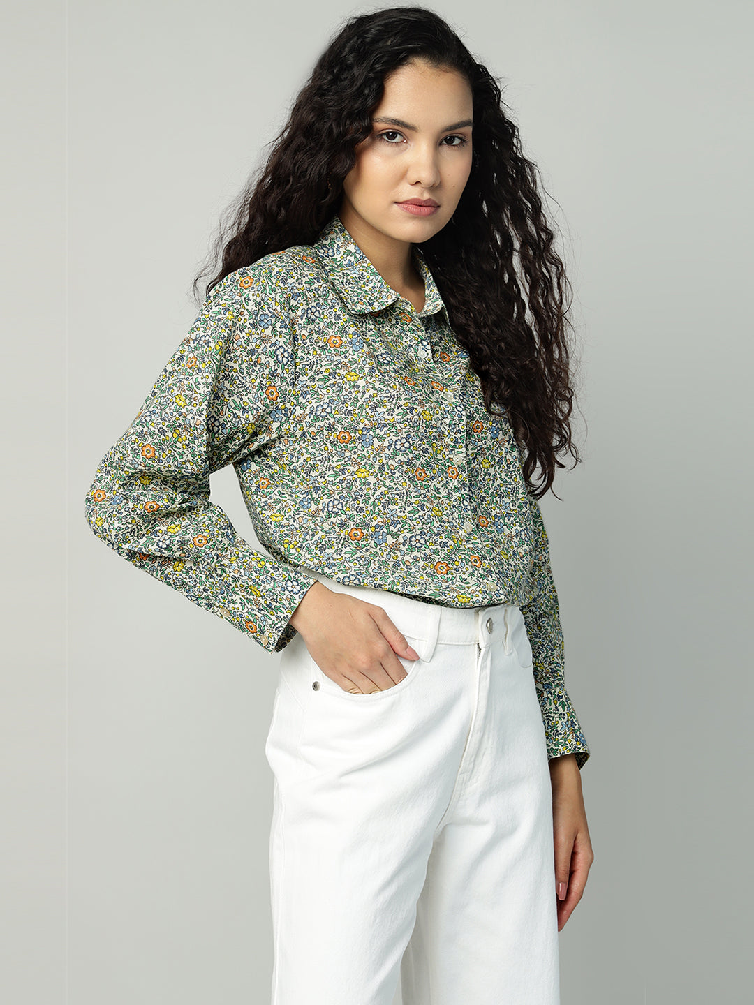 Porsorte Womens Cotton Green Printed Button Down Shirt