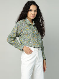 Porsorte Womens Cotton Green Printed Button Down Shirt