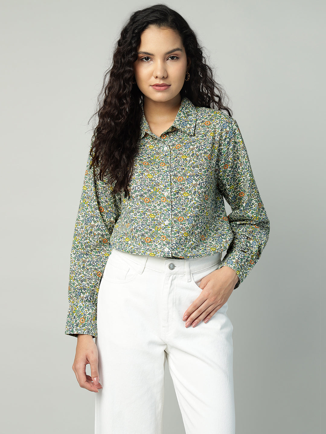 Porsorte Womens Cotton Green Printed Button Down Shirt