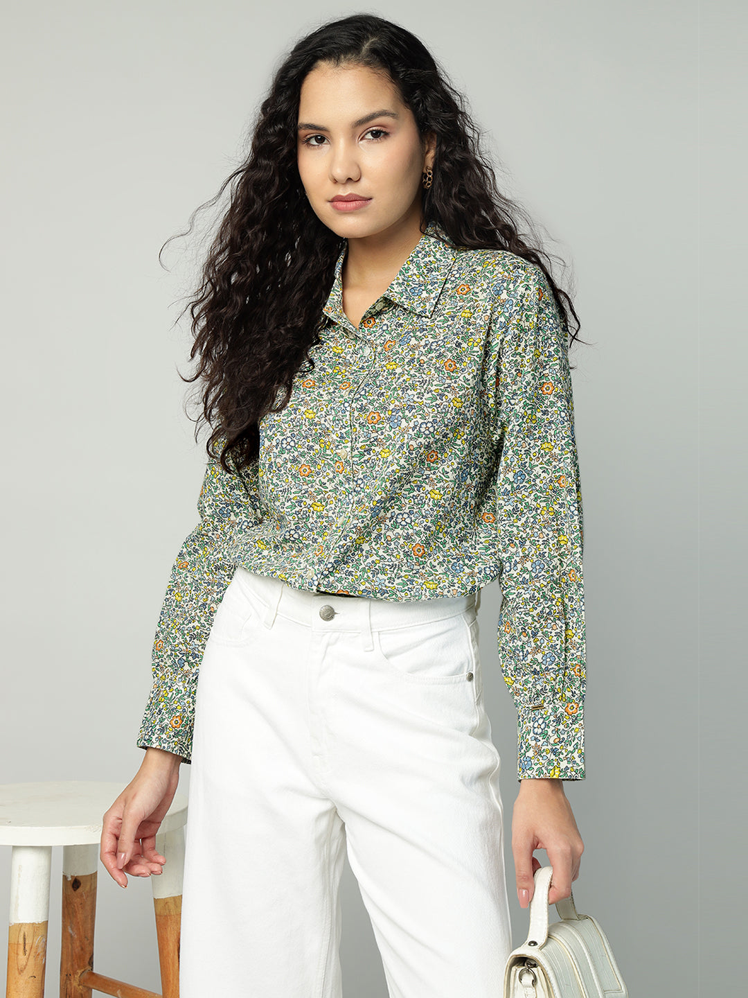 Porsorte Womens Cotton Green Printed Button Down Shirt
