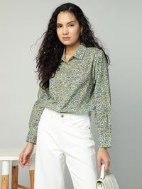 Porsorte Womens Cotton Green Printed Button Down Shirt