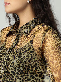 Porsorte Womens Organza Cheetah Print Button Down Shirt (No Inner)