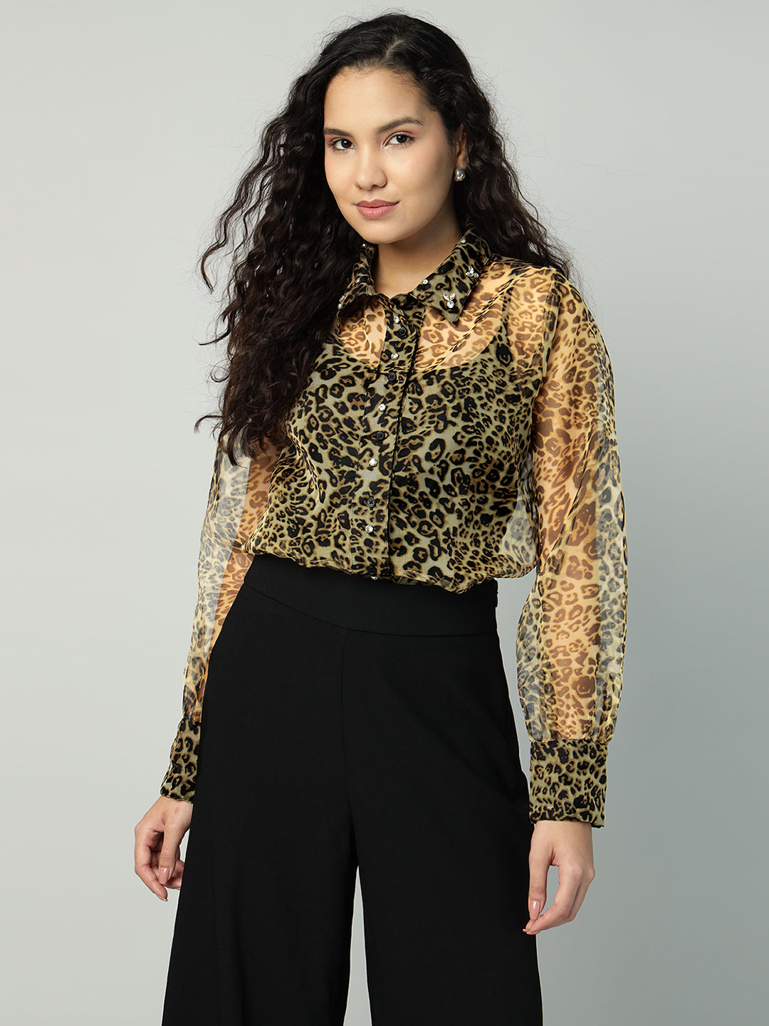Porsorte Womens Organza Cheetah Print Button Down Shirt (No Inner)