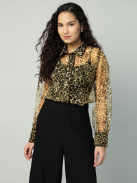 Porsorte Womens Organza Cheetah Print Button Down Shirt (No Inner)