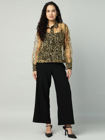 Porsorte Womens Organza Cheetah Print Button Down Shirt (No Inner)
