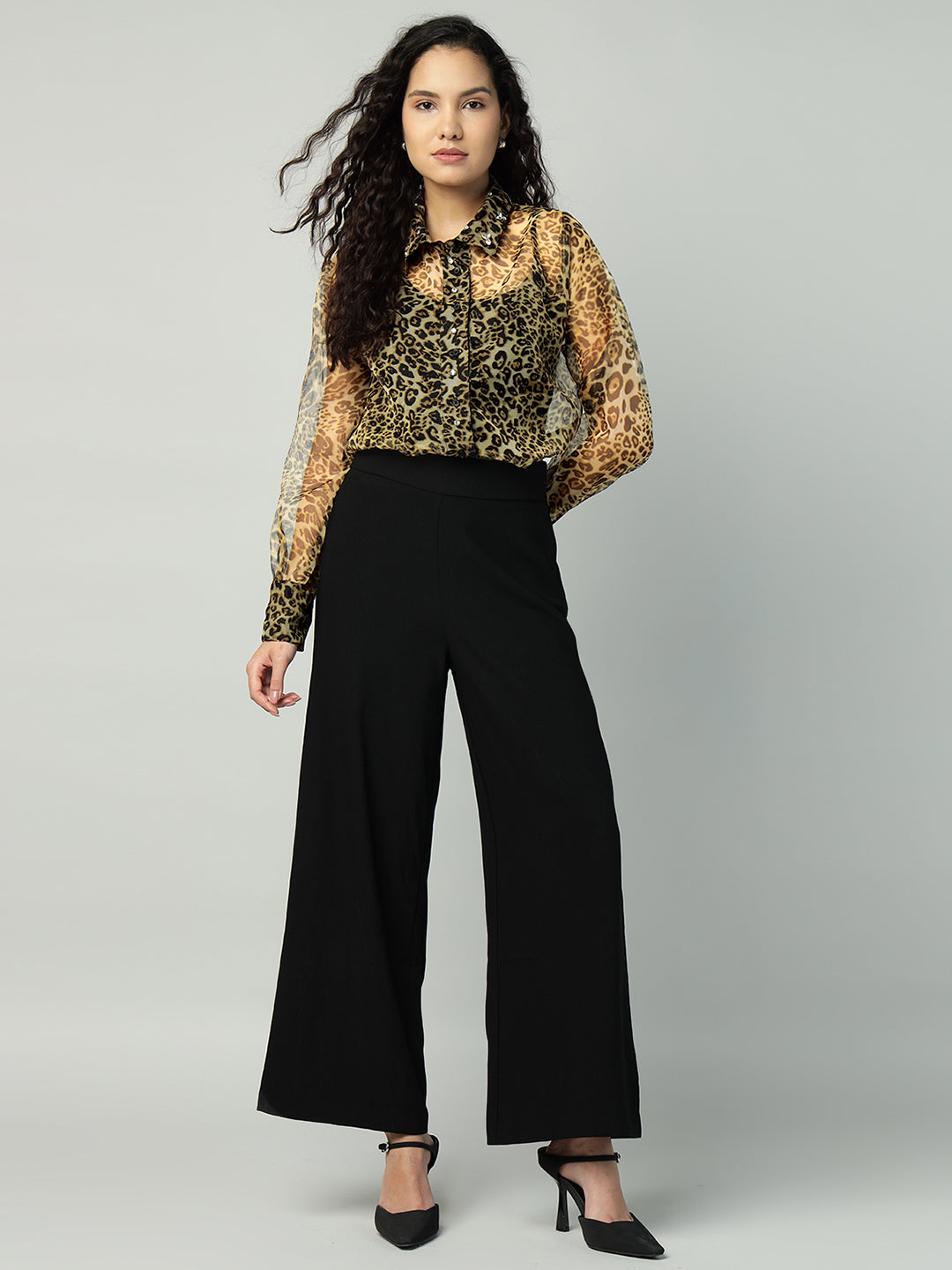 Porsorte Womens Organza Cheetah Print Button Down Shirt (No Inner)