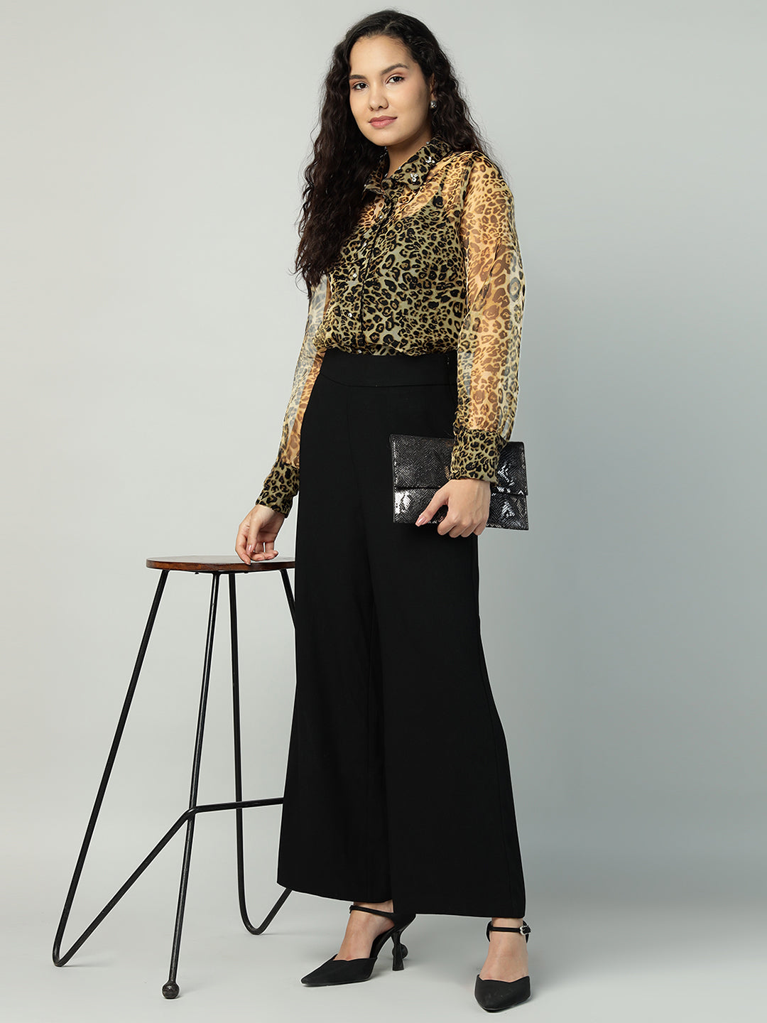 Porsorte Womens Organza Cheetah Print Button Down Shirt (No Inner)