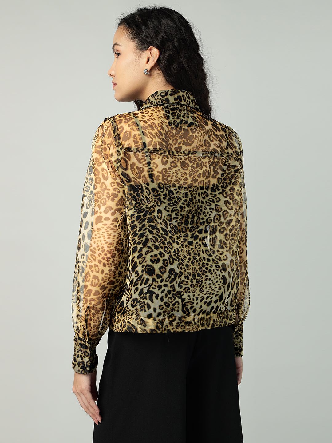 Porsorte Womens Organza Cheetah Print Button Down Shirt (No Inner)
