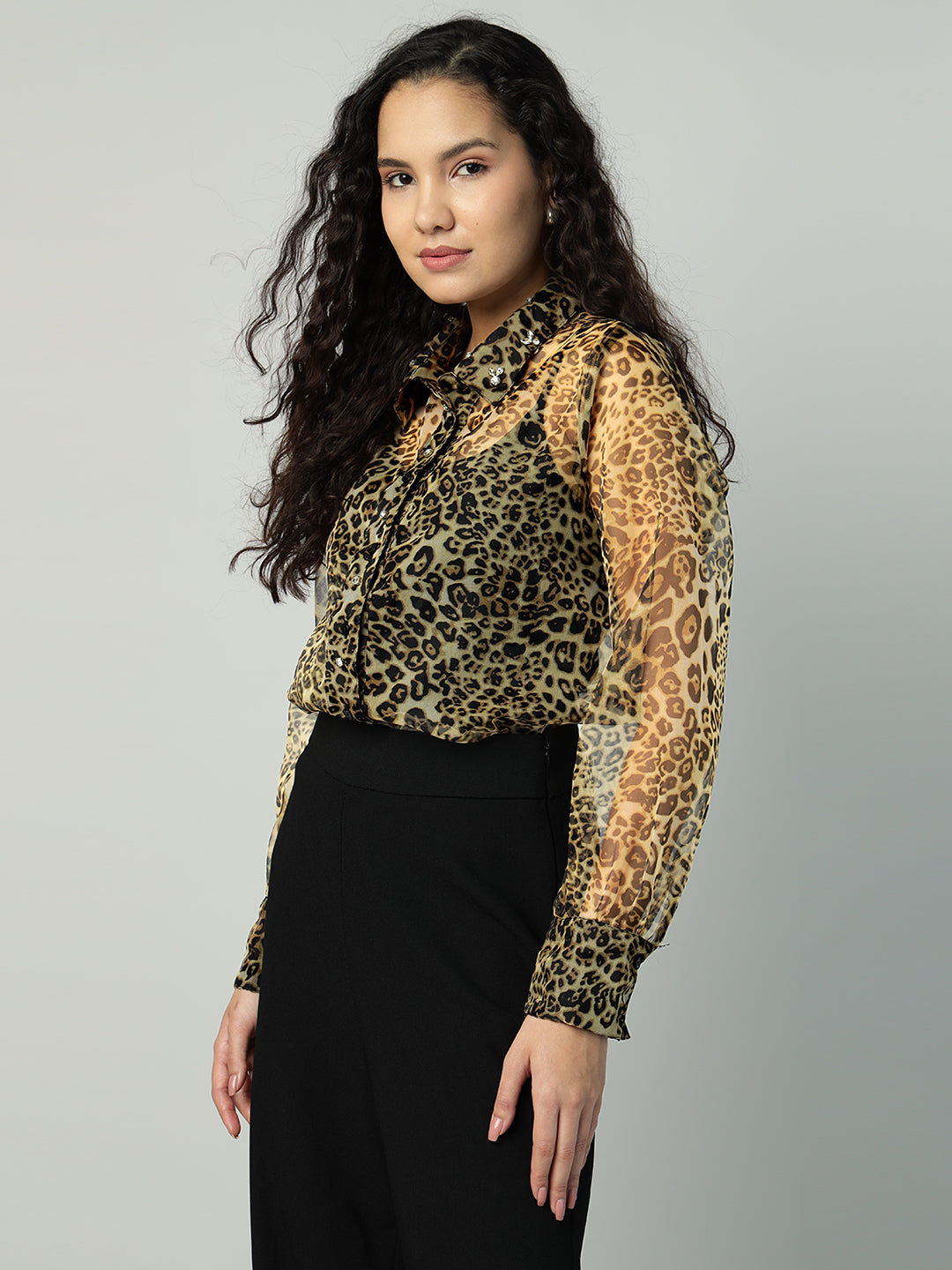 Porsorte Womens Organza Cheetah Print Button Down Shirt (No Inner)