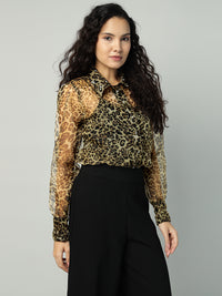 Porsorte Womens Organza Cheetah Print Button Down Shirt (No Inner)
