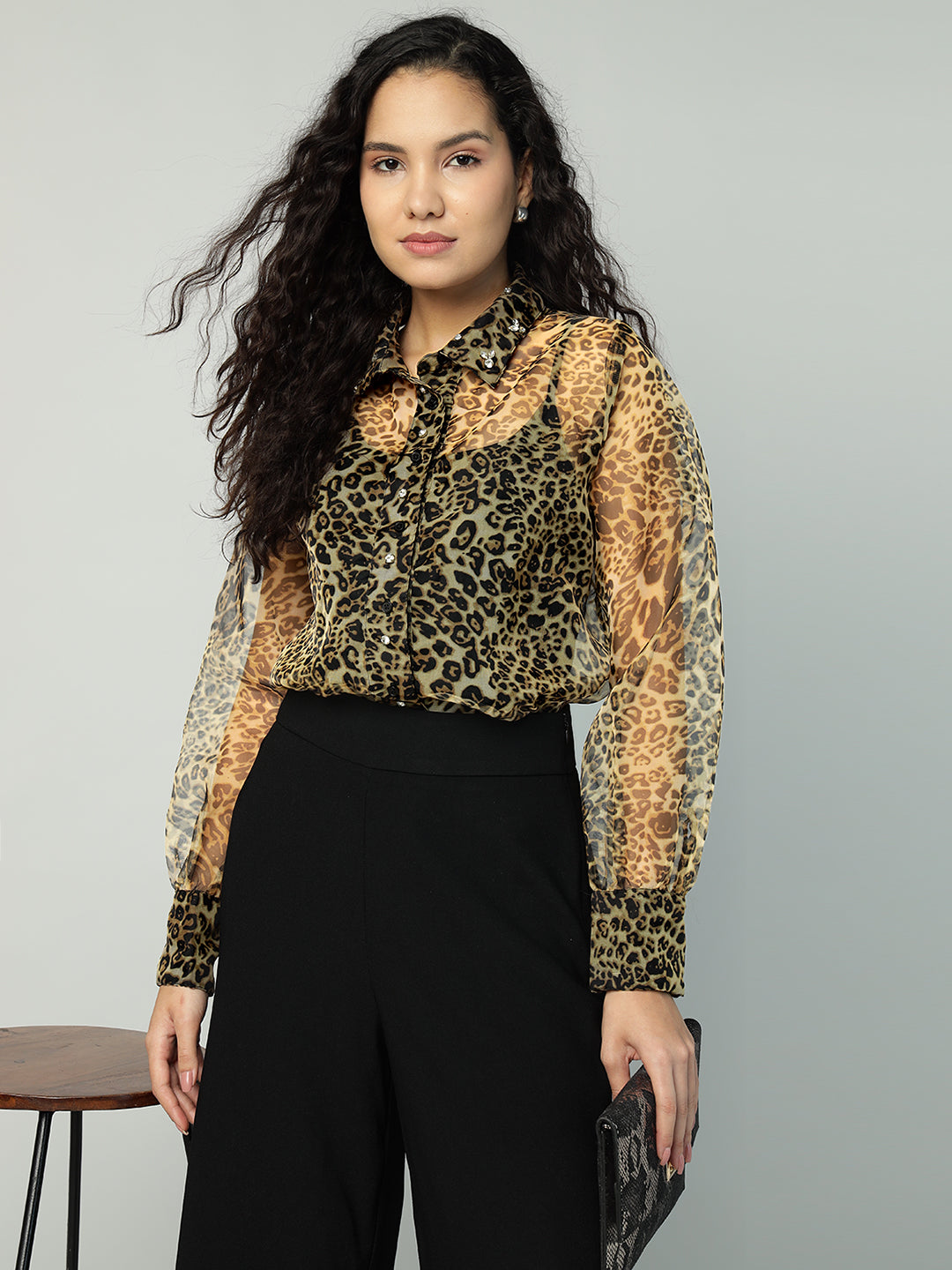 Porsorte Womens Organza Cheetah Print Button Down Shirt (No Inner)