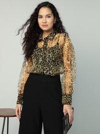 Porsorte Womens Organza Cheetah Print Button Down Shirt (No Inner)