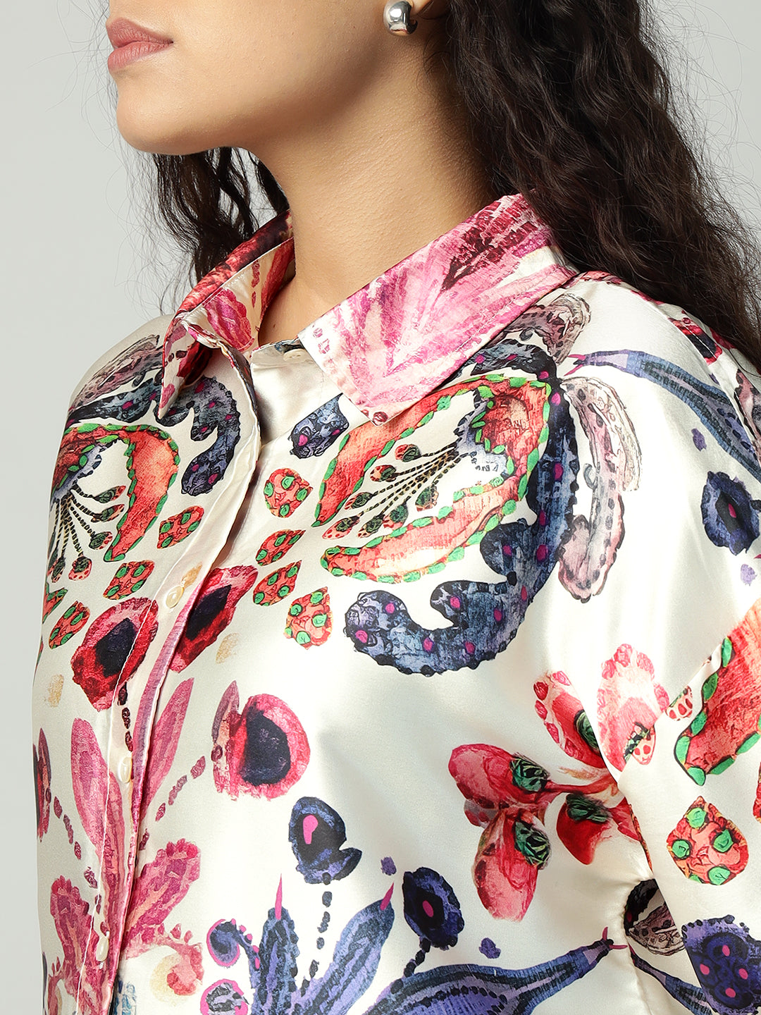 Porsorte Womens Poly Satin Pink Printed Button Down Long Sleeves Workwear Shirt