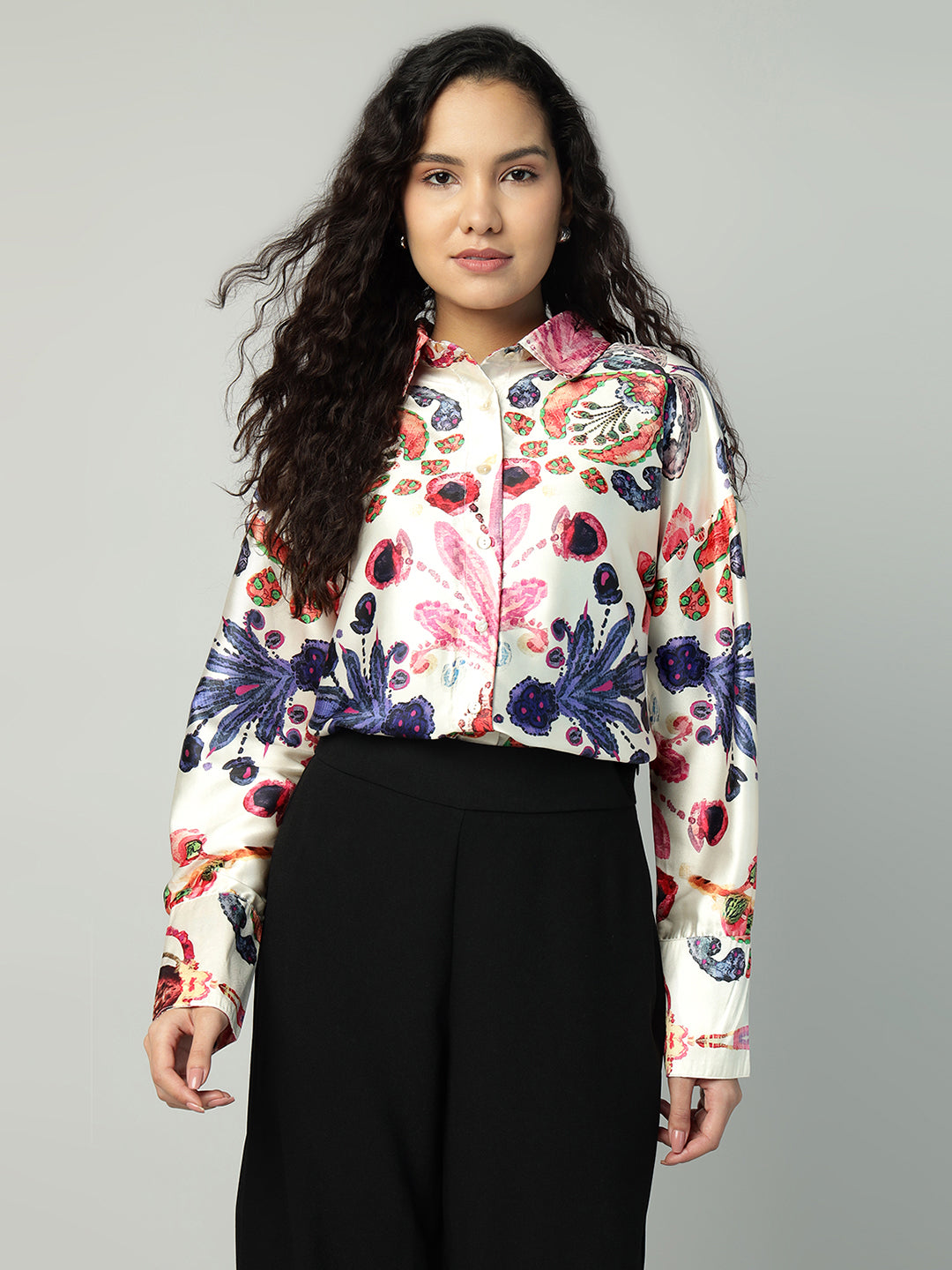 Porsorte Womens Poly Satin Pink Printed Button Down Long Sleeves Workwear Shirt