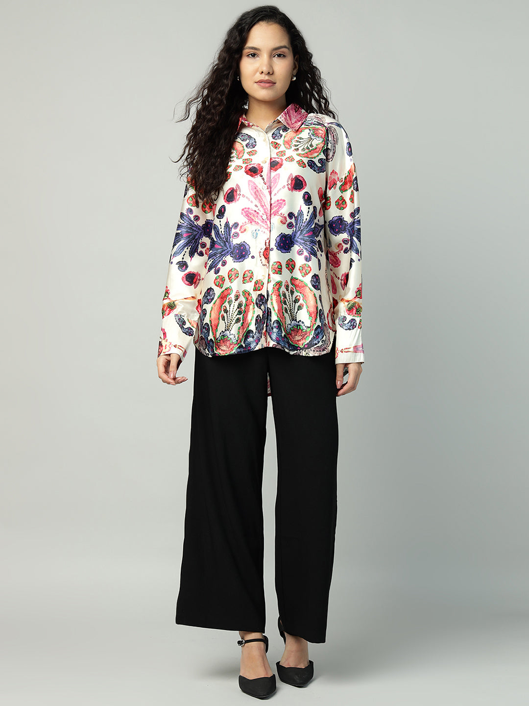 Porsorte Womens Poly Satin Pink Printed Button Down Long Sleeves Workwear Shirt