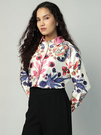 Porsorte Womens Poly Satin Pink Printed Button Down Long Sleeves Workwear Shirt