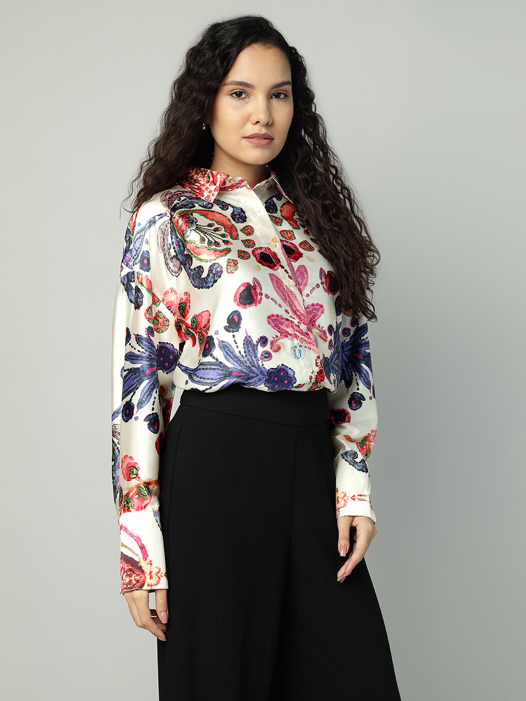 Porsorte Womens Poly Satin Pink Printed Button Down Long Sleeves Workwear Shirt