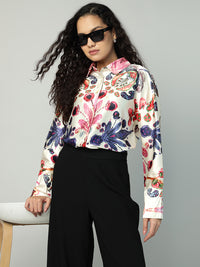 Porsorte Womens Poly Satin Pink Printed Button Down Long Sleeves Workwear Shirt