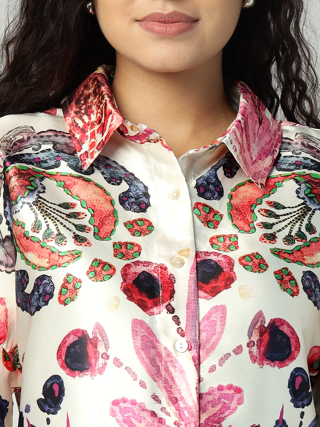 Porsorte Womens Poly Satin Pink Printed Button Down Long Sleeves Workwear Shirt