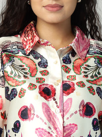 Porsorte Womens Poly Satin Pink Printed Button Down Long Sleeves Workwear Shirt