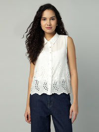 Porsorte Womens Cotton White Solid Sciffli Button Down Sleeveless Shirt
