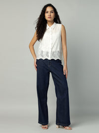 Porsorte Womens Cotton White Solid Sciffli Button Down Sleeveless Shirt