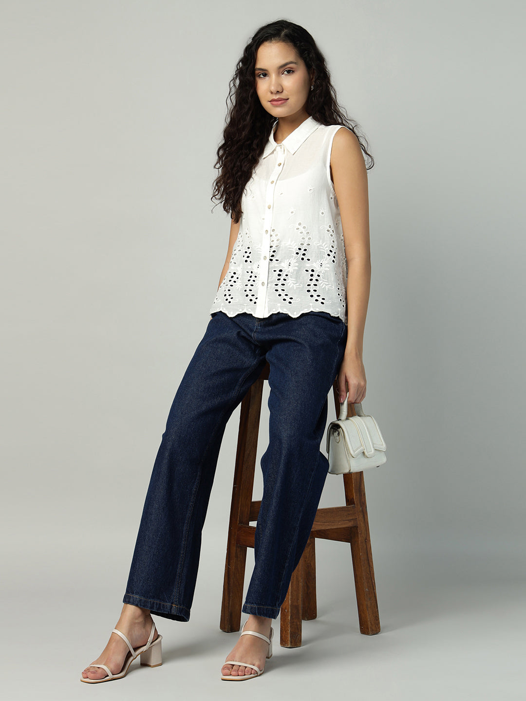 Porsorte Womens Cotton White Solid Sciffli Button Down Sleeveless Shirt