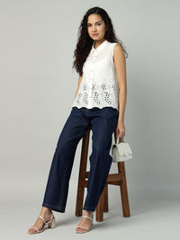 Porsorte Womens Cotton White Solid Sciffli Button Down Sleeveless Shirt