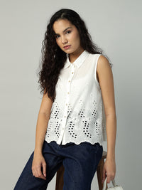 Porsorte Womens Cotton White Solid Sciffli Button Down Sleeveless Shirt