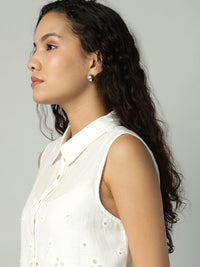 Porsorte Womens Cotton White Solid Sciffli Button Down Sleeveless Shirt