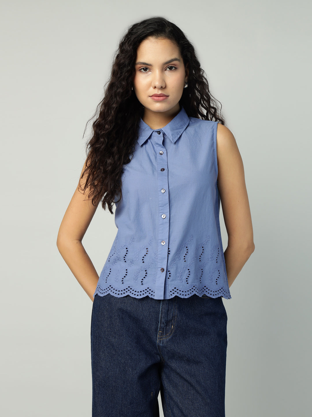 Porsorte Womens Cotton Blue Solid Sciffli Button Down Sleeveless Shirt