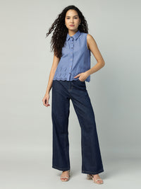 Porsorte Womens Cotton Blue Solid Sciffli Button Down Sleeveless Shirt