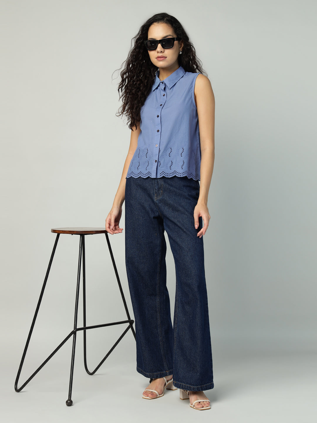 Porsorte Womens Cotton Blue Solid Sciffli Button Down Sleeveless Shirt