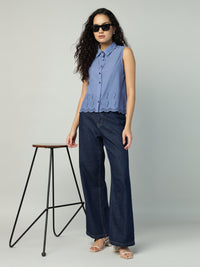 Porsorte Womens Cotton Blue Solid Sciffli Button Down Sleeveless Shirt