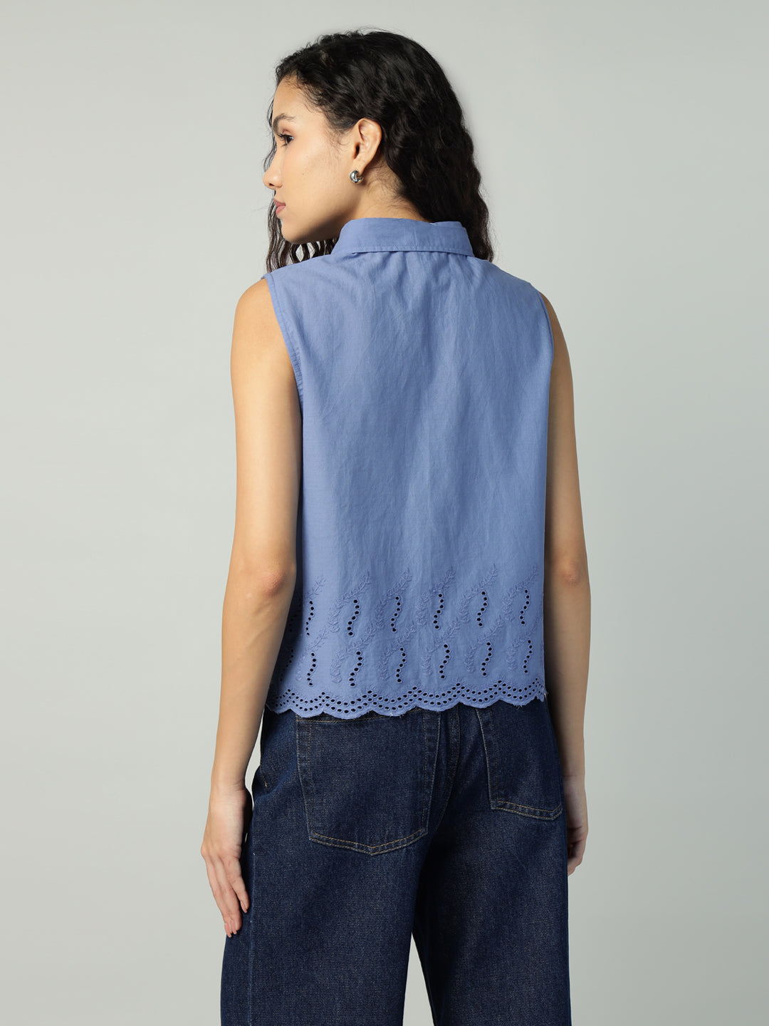 Porsorte Womens Cotton Blue Solid Sciffli Button Down Sleeveless Shirt