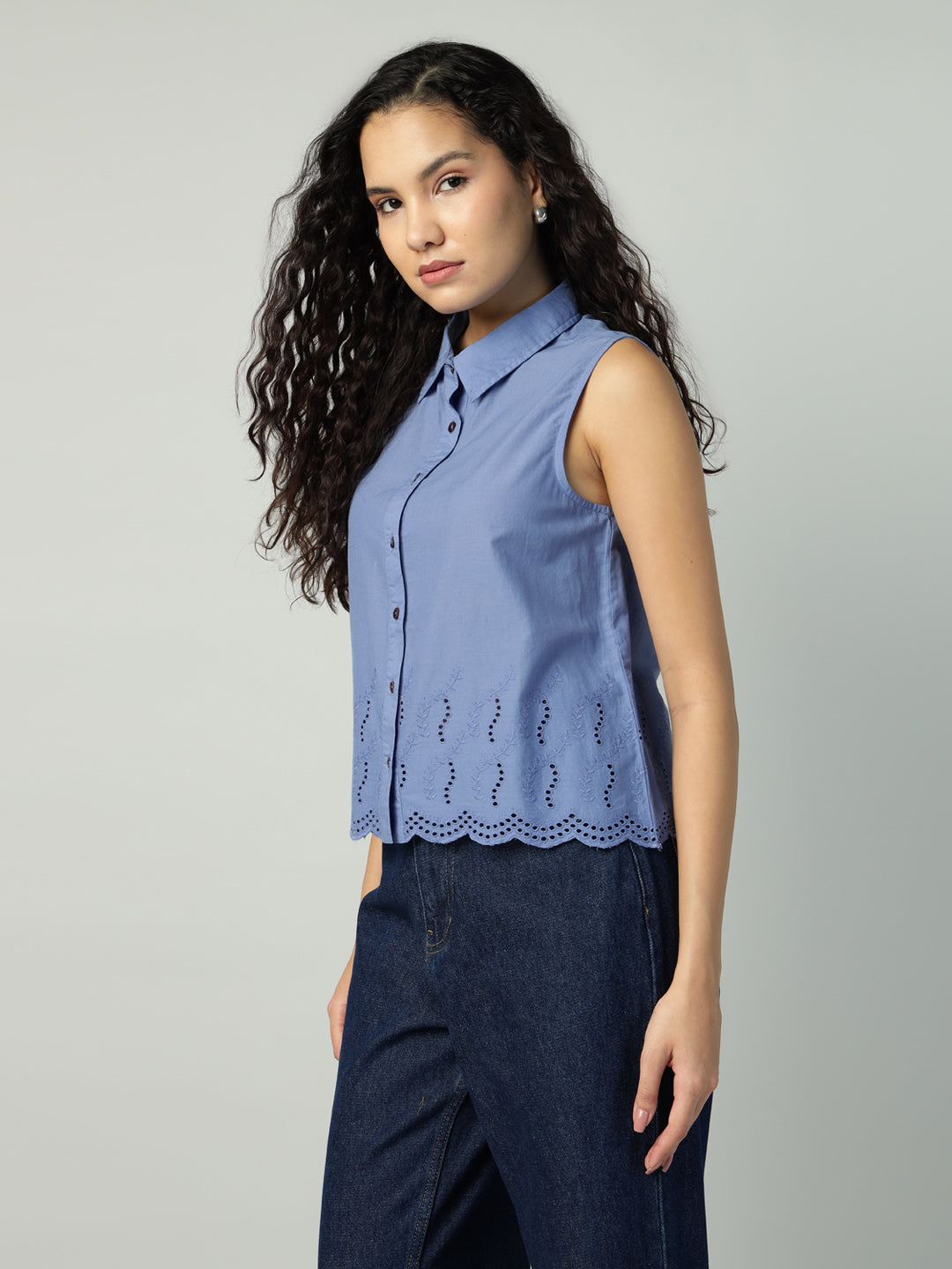 Porsorte Womens Cotton Blue Solid Sciffli Button Down Sleeveless Shirt