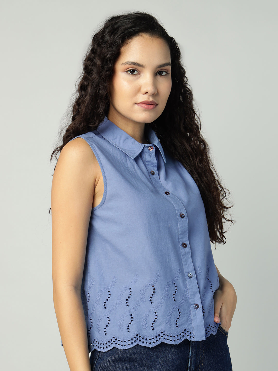 Porsorte Womens Cotton Blue Solid Sciffli Button Down Sleeveless Shirt