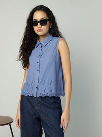 Porsorte Womens Cotton Blue Solid Sciffli Button Down Sleeveless Shirt