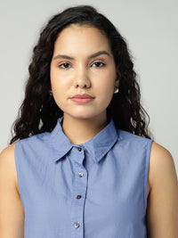 Porsorte Womens Cotton Blue Solid Sciffli Button Down Sleeveless Shirt