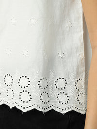 Porsorte Womens Cotton White Solid Sciffli Button Down Sleeveless Shirt