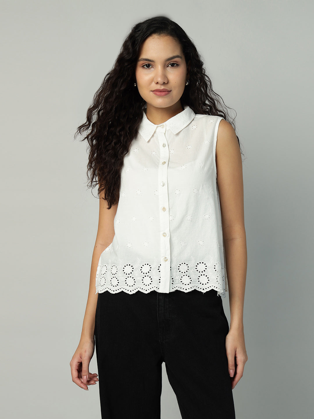 Porsorte Womens Cotton White Solid Sciffli Button Down Sleeveless Shirt