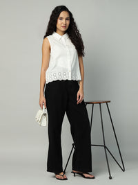 Porsorte Womens Cotton White Solid Sciffli Button Down Sleeveless Shirt