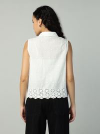 Porsorte Womens Cotton White Solid Sciffli Button Down Sleeveless Shirt