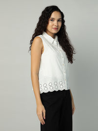 Porsorte Womens Cotton White Solid Sciffli Button Down Sleeveless Shirt