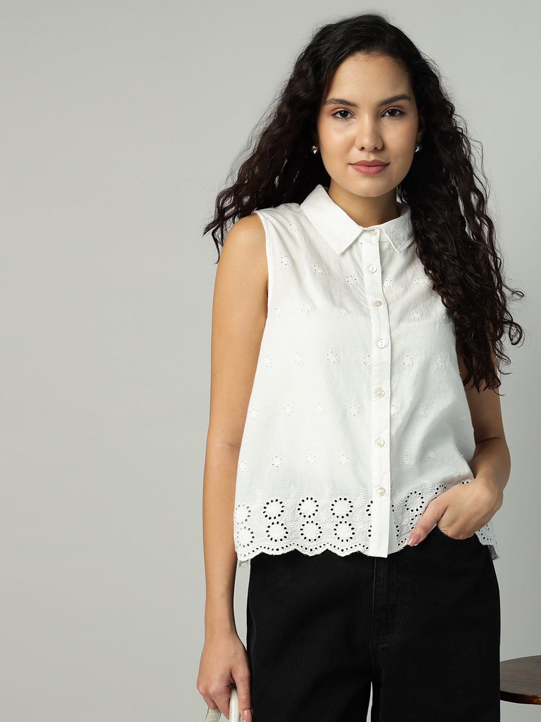 Porsorte Womens Cotton White Solid Sciffli Button Down Sleeveless Shirt