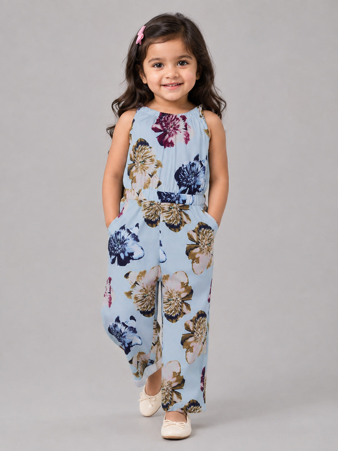 Hoop Hippo Kids Floral Printed Seagreen Halter Neck Jumpsuit