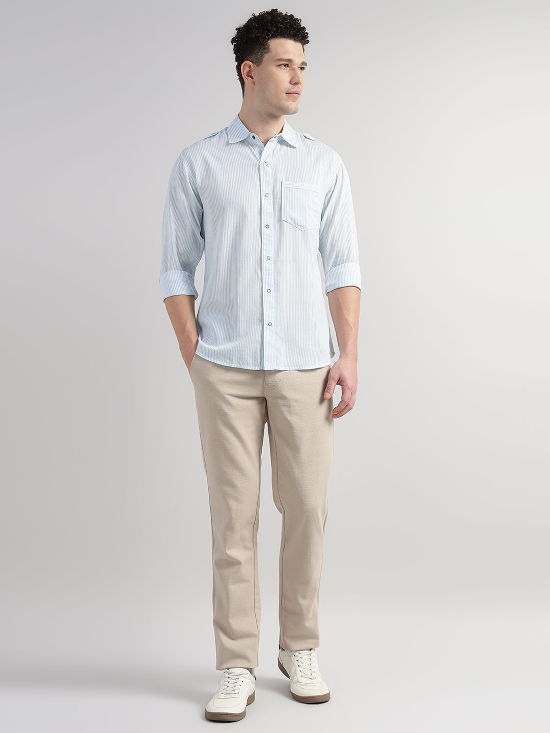 Porsorte Men Striped Cotton Casual Regular Fit Shirt – Light Blue & White