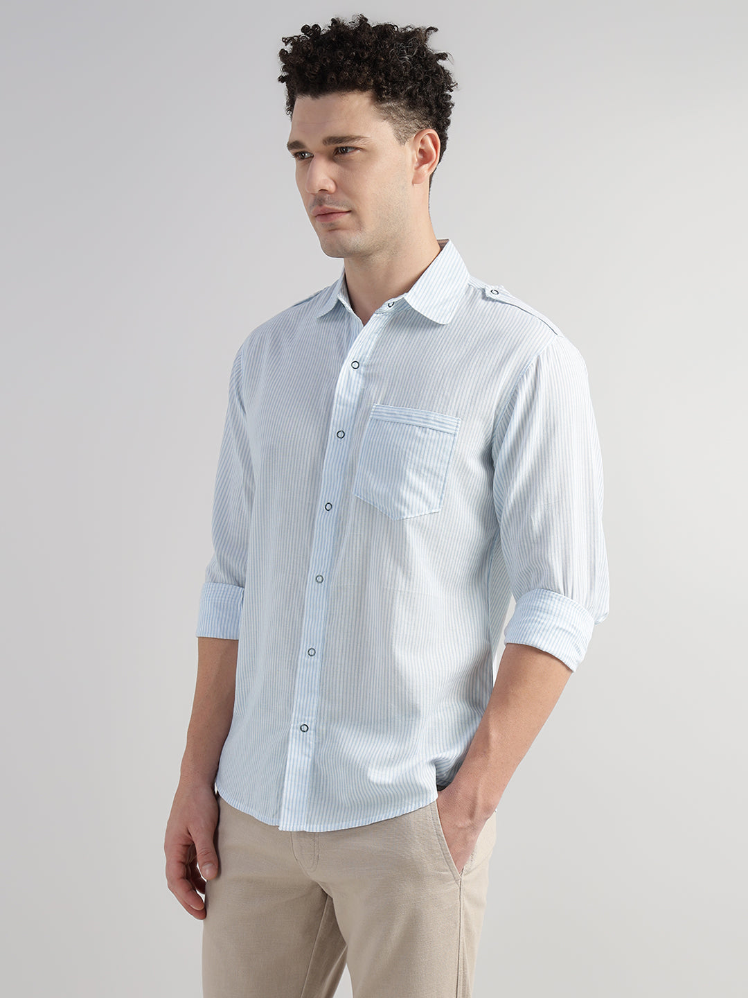 Porsorte Men Striped Cotton Casual Regular Fit Shirt – Light Blue & White